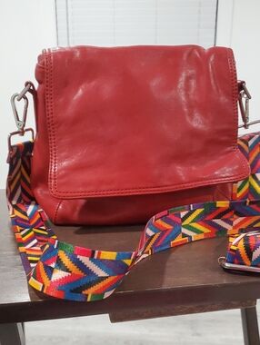 Red Leather Crossbody with Multicolor Woven Strap